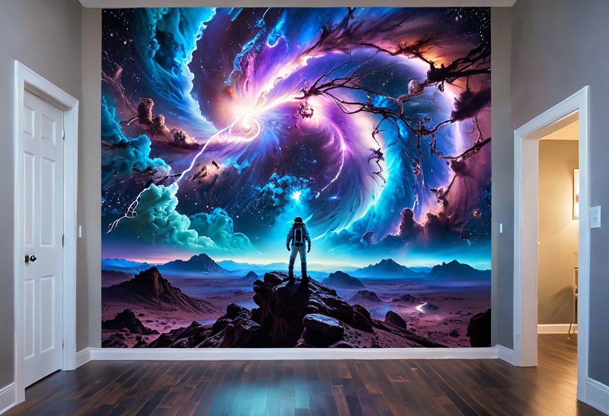 A stunning cosmic landscape featuring swirling galaxies and vibrant nebulae, with electric blue and purple lightning arcs connecting celestial bodies. In the foreground, an astronaut is harnessing energy from a swirling vortex of stars. The scene emanates an ethereal glow, symbolizing the immense power of the universe. surreal. vibrant colors. space theme.