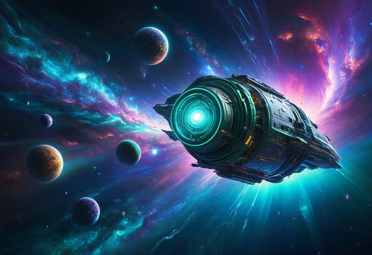 A futuristic cosmic scene depicting an expansive galaxy with swirling nebulae and twinkling stars, featuring a sleek spacecraft harnessing quantum energy waves. In the foreground, visualize extraterrestrial structures powered by vibrant electric currents and glowing orbs of energy. The atmosphere should be a mix of deep purples, blues, and radiant greens, evoking a sense of wonder and exploration. Include hints of alien flora to highlight the extraterrestrial aspect. super-realistic. vibrant colors. 3D.