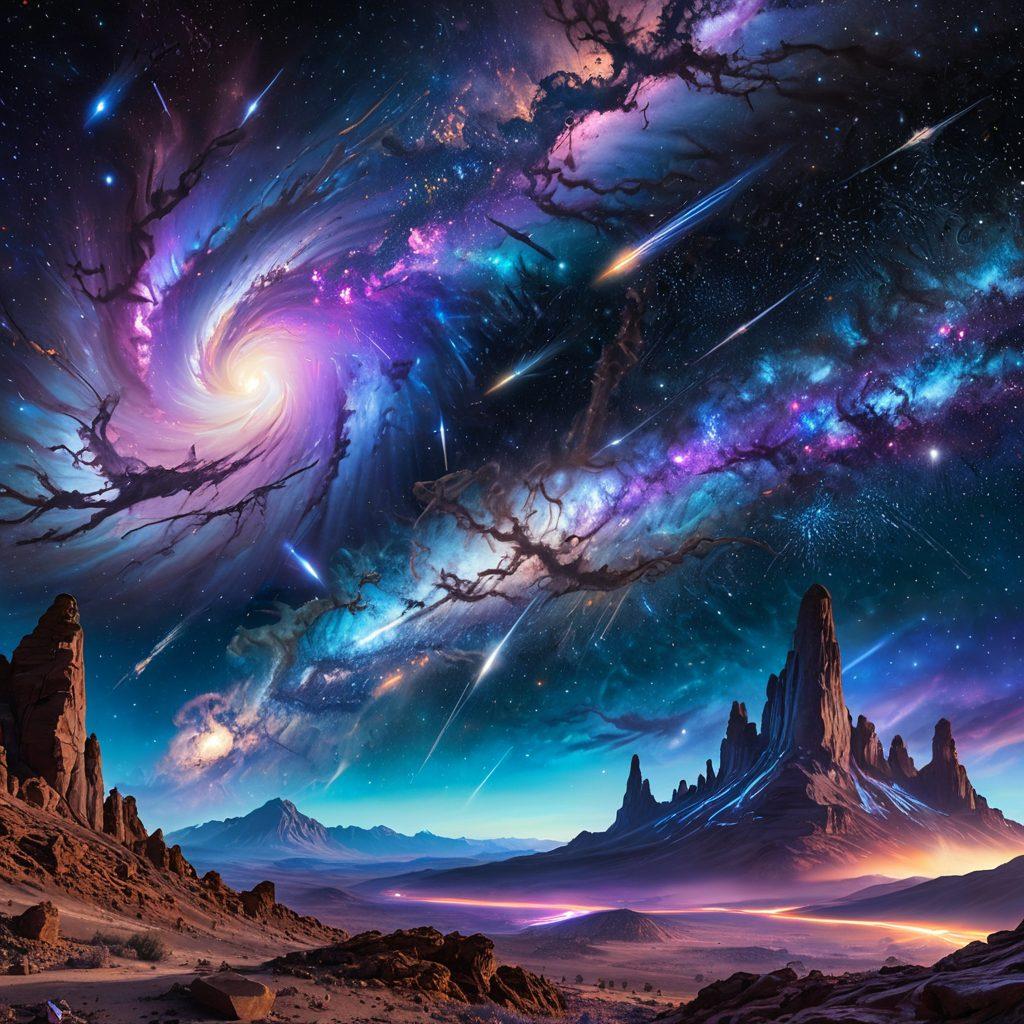 A breathtaking cosmic scene featuring vibrant swirling galaxies, shooting stars, and nebulae, merging into futuristic astroengineering structures harnessing cosmic energy. Include glowing energy conduits linking the stellar phenomena to advanced technology, emphasizing the untapped potential of the universe. The color palette should be rich and contrasting, with deep blues, purples, and radiant whites. super-realistic. vibrant colors.